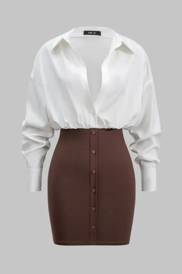 Patchwork Button Detail Long Sleeve Mini Dress>MICAS Online