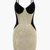 Patchwork Rhinestone Spaghetti Strap Sleeveless Mini Dress>MICAS Outlet