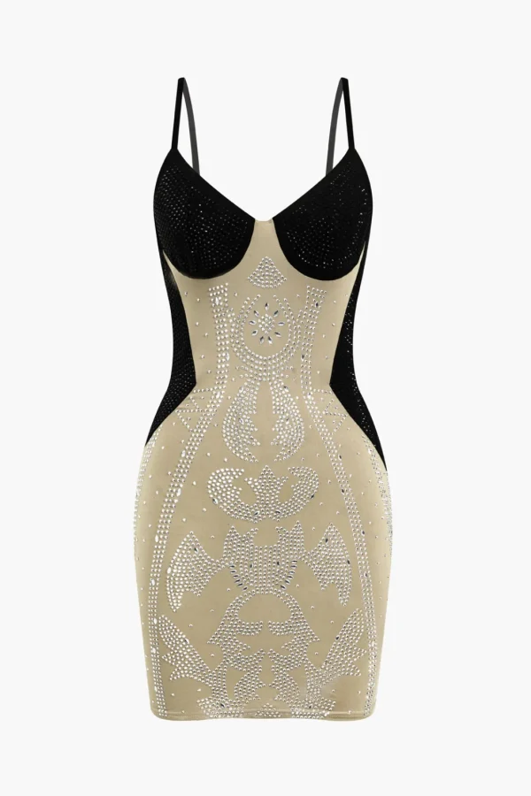 Patchwork Rhinestone Spaghetti Strap Sleeveless Mini Dress>MICAS Outlet