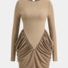 Patchwork Ruched Round Neck Long Sleeve Mini Dress>MICAS New