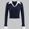 Patchwork V-Neck Long-Sleeve Shirt>MICAS Discount