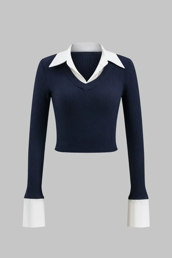 Patchwork V-Neck Long-Sleeve Shirt>MICAS Discount