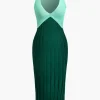 Patchwork V-Neck Tank Knit Midi Dress>MICAS Fashion