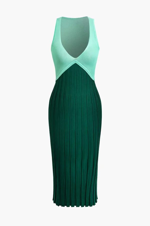 Patchwork V-Neck Tank Knit Midi Dress>MICAS Fashion