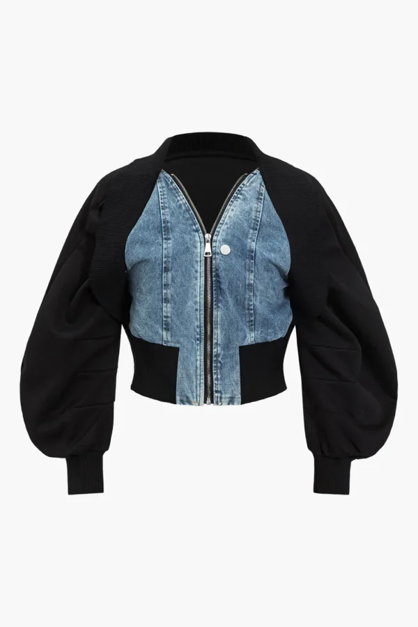 Patchwork Zipper Denim Outerwear Jacket>MICAS Fashion