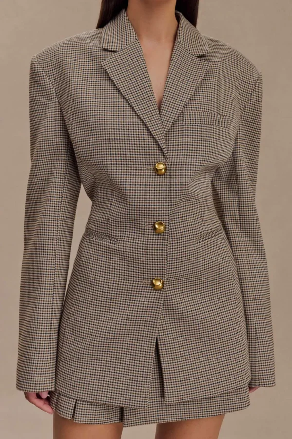 Plaid Print Notched Lapel Button Belted Blazer>MICAS Discount