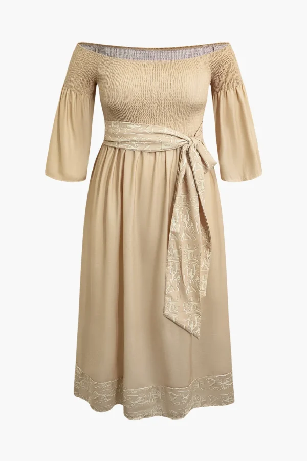 Plus Size Off Shoulder Smocked Maxi Dress With Belt>MICAS Best