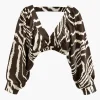 Printed V-neck Back Cut Out Crop Blouse>MICAS Discount