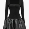 PU Patchwork Ruched Square Neck Mini Dress>MICAS Hot