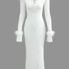 Rib Knit Button Collar Fluffy Cuff Maxi Dress>MICAS Hot