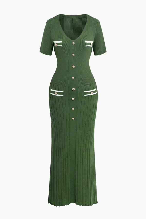 Ribbed Knit V-neck Midi Dress>MICAS New