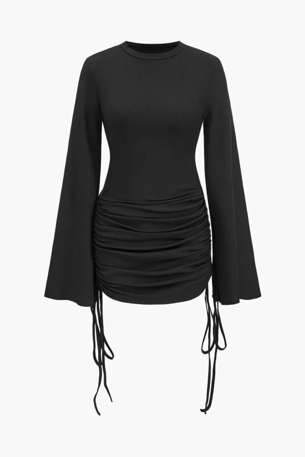 Round Neck Ruched Drawstring Bell Long Sleeve Mini Dress>MICAS New