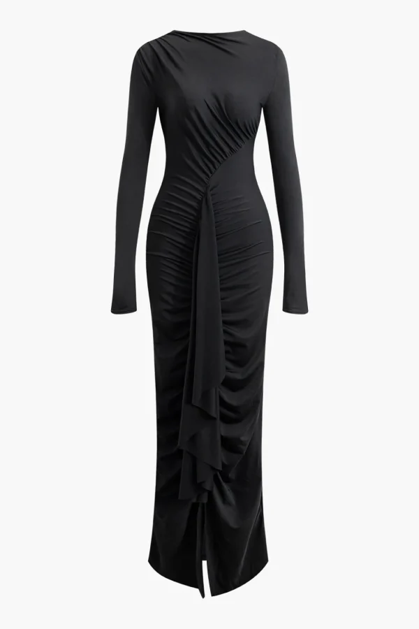 Round Neck Ruched Slit Long Sleeve Maxi Dress>MICAS New
