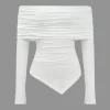 Ruched Asymmetrical Off Shoulder Long-Sleeve Top>MICAS Fashion