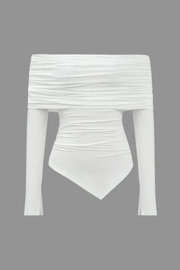 Ruched Asymmetrical Off Shoulder Long-Sleeve Top>MICAS Fashion