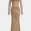 Ruched Bow Round Neck Long Sleeve Maxi Dress>MICAS New