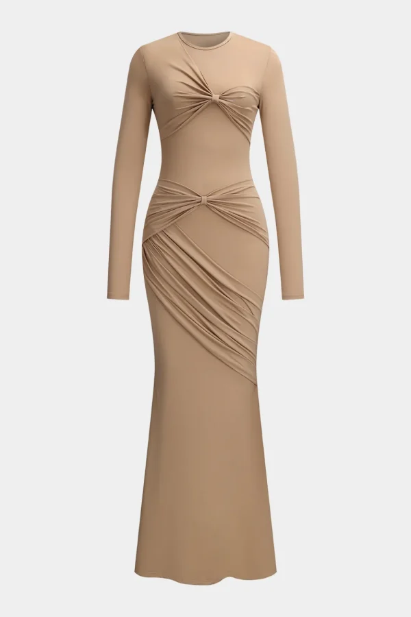 Ruched Bow Round Neck Long Sleeve Maxi Dress>MICAS New