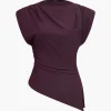 Ruched Padded Shoulders Asymmetrical Short Sleeve T-Shirt>MICAS Best