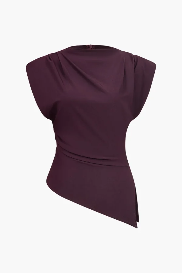 Ruched Padded Shoulders Asymmetrical Short Sleeve T-Shirt>MICAS Best