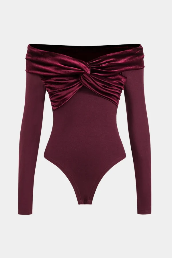 Ruched Patchwork Off Shoulder Long Sleeve Bodysuit>MICAS Hot