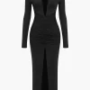 Ruched V-Neck Long Sleeve Maxi Dress>MICAS Best