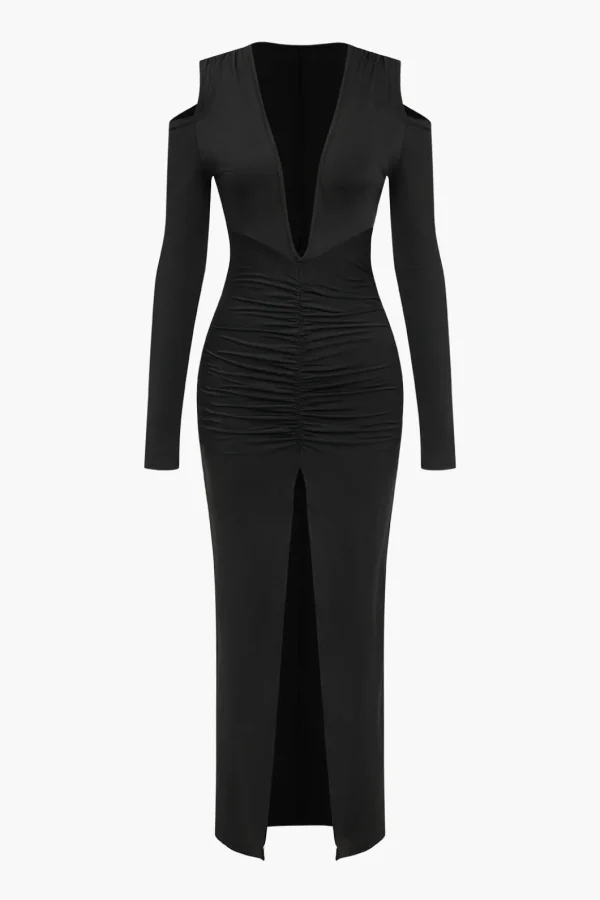 Ruched V-Neck Long Sleeve Maxi Dress>MICAS Best
