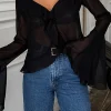 Ruffle Detail Sheer Mesh Long-Sleeve Shirt>MICAS Fashion