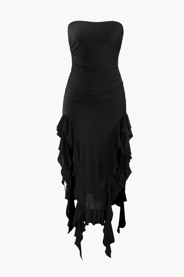 Ruffle Hem Slit Strapless Midi Dress>MICAS Clearance