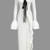 Ruffled V-Neck Long Sleeve Maxi Dress>MICAS Best