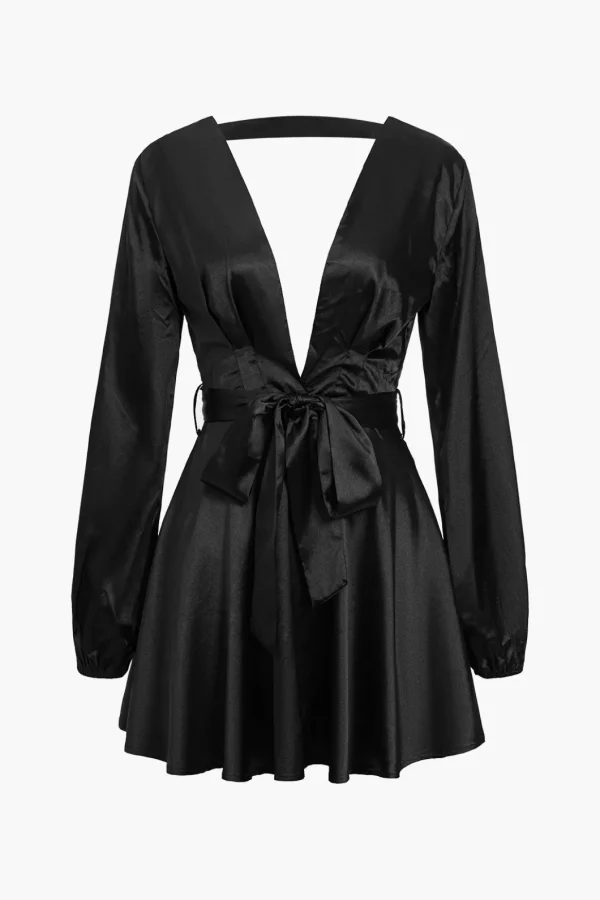 Satin Backless Belted V-neck Mini Dress>MICAS New