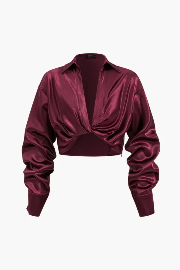 Satin Button Twist Knot Long-Sleeve Shirt>MICAS Discount