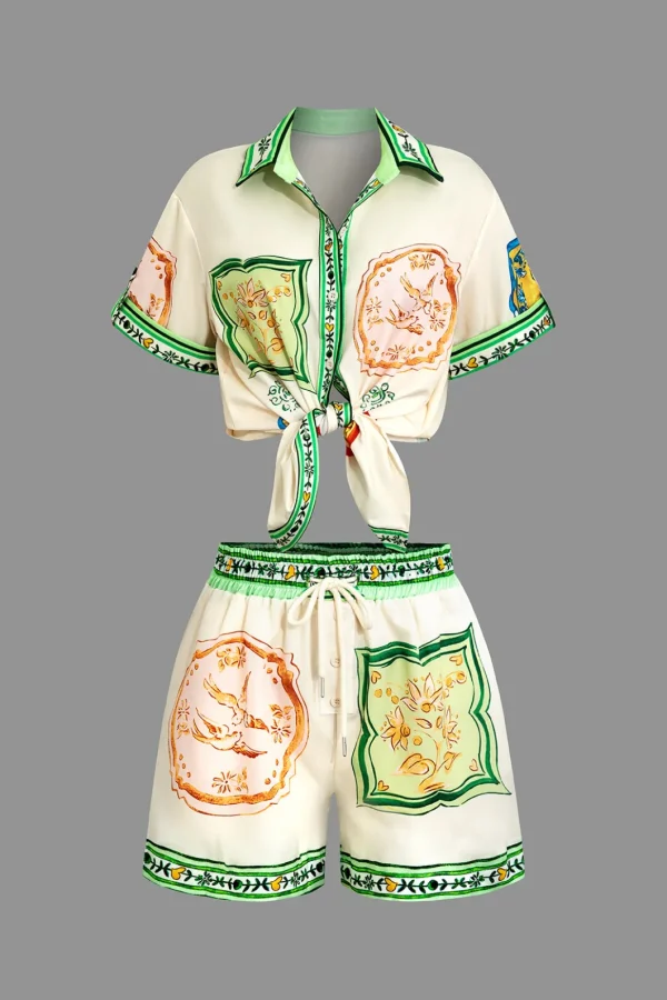 Scarf Print Tie-Front Shirt And Drawstring Shorts Set>MICAS Outlet