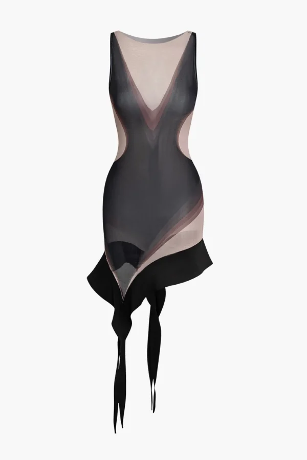 Sheer Abstract Mesh Asymmetric Mini Dress>MICAS Outlet