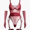 Sheer Mesh Belted Backless Bodysuit With Glove>MICAS Fashion