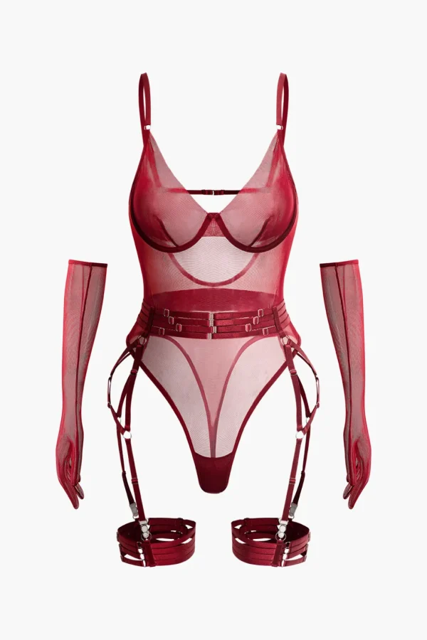 Sheer Mesh Belted Backless Bodysuit With Glove>MICAS Fashion