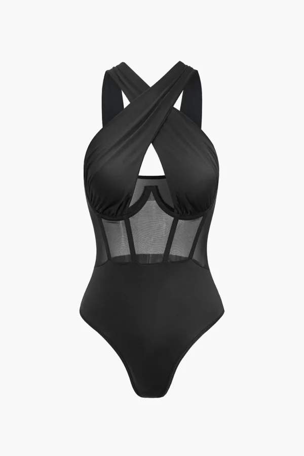 Sheer Mesh Patchwork Corset Bodysuit>MICAS Fashion
