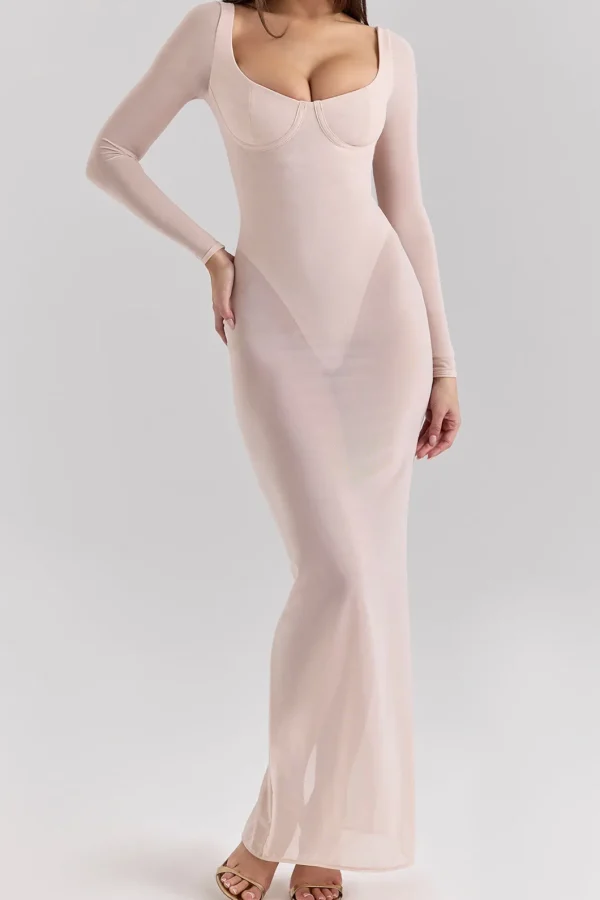 Sheer Mesh Square Neck Long Sleeve Maxi Dress>MICAS Discount