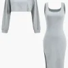 Side Slit Long Sleeve Midi Dress Set>MICAS Outlet