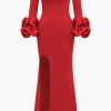 Solid Off Shoulder Side Slit Maxi Dress>MICAS New