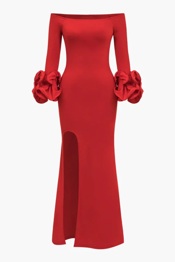 Solid Off Shoulder Side Slit Maxi Dress>MICAS New