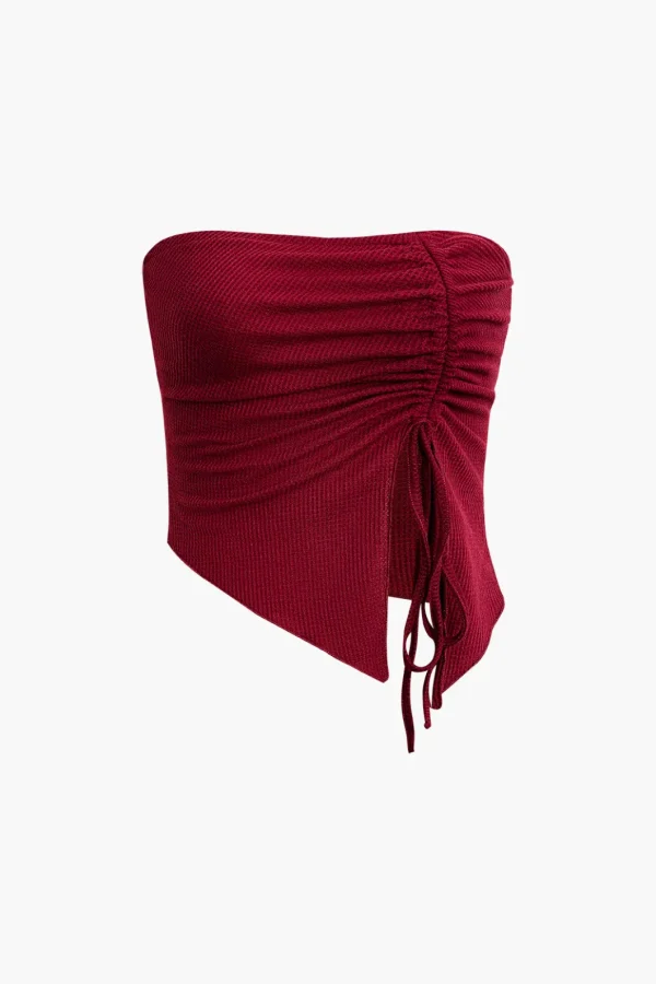 Solid Asymmetrical Drawstring Slit Tube Top>MICAS Clearance