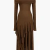 Solid Asymmetrical Off Shoulder Maxi Dress>MICAS New