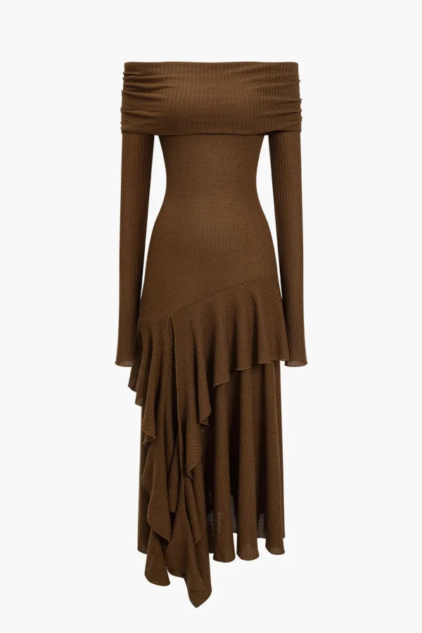 Solid Asymmetrical Off Shoulder Maxi Dress>MICAS New