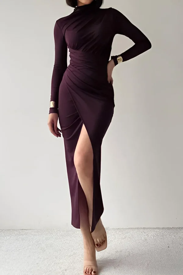Solid Asymmetrical Ruched Slit Long-Sleeve Maxi Dress>MICAS Clearance