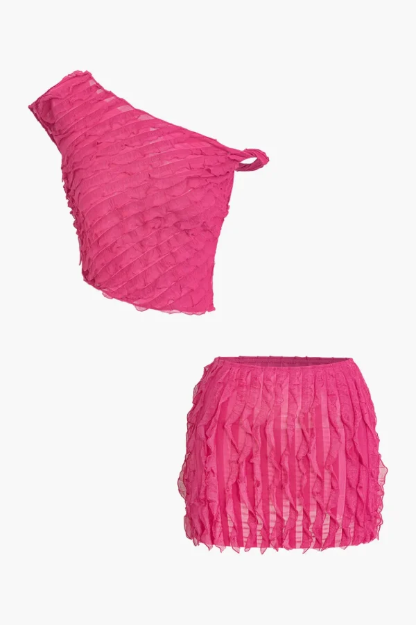 Solid Asymmetrical Ruffle Skirt Set>MICAS Fashion