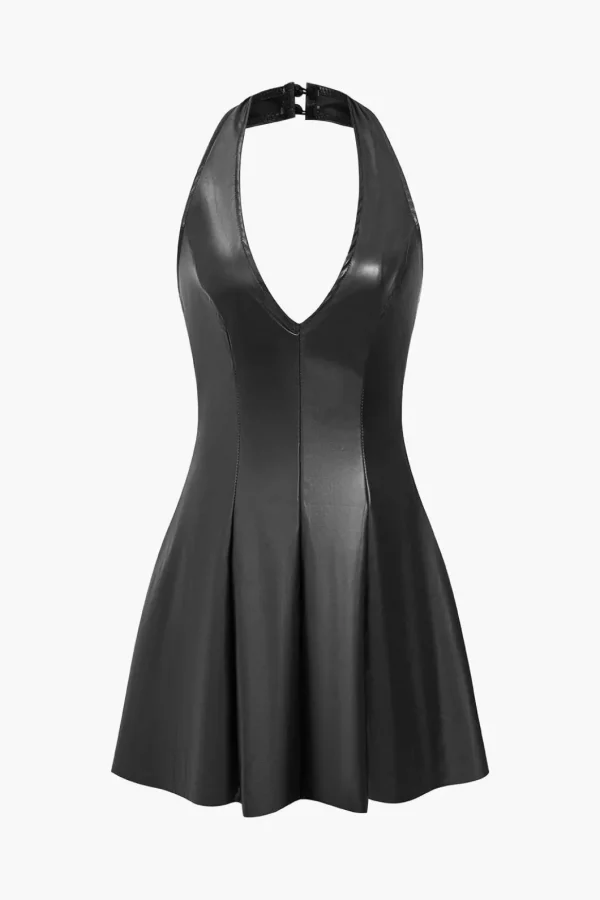 Solid Backless Halter Faux Leather Mini Dress>MICAS Sale
