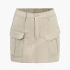 Solid Button Asymmetrical Pocket Zipper Mini Skirt>MICAS New