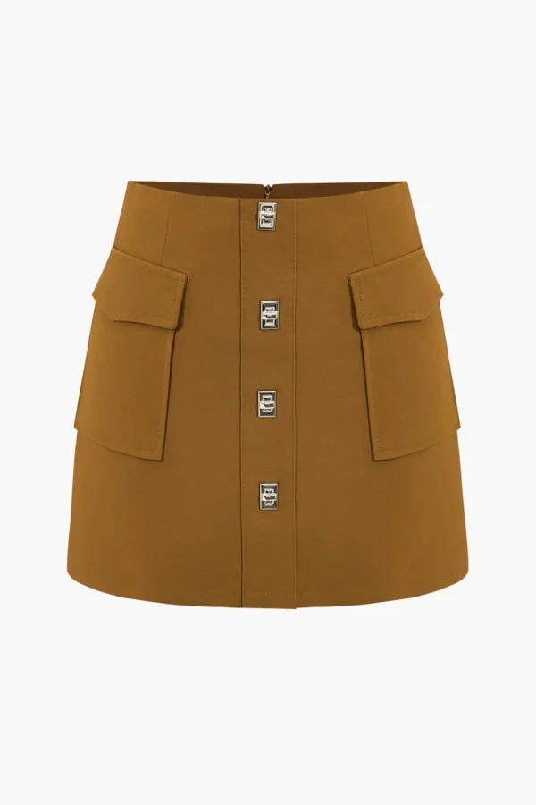Solid Button Metallic Zipper Skirt>MICAS Discount
