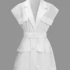 Solid Button Pocket Belted Short-Sleeve Shirt>MICAS Online