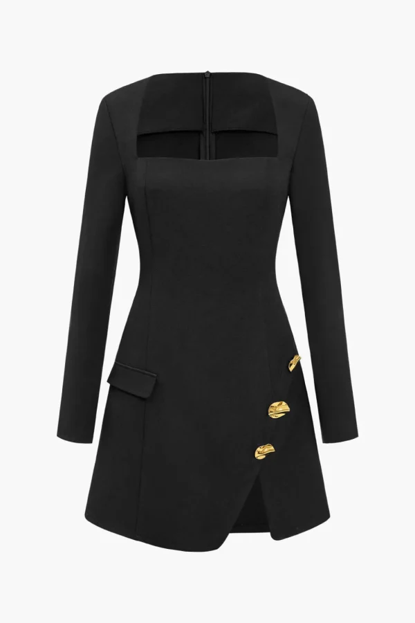 Solid Button Zipper Asymmetrical Mini Dress>MICAS Fashion